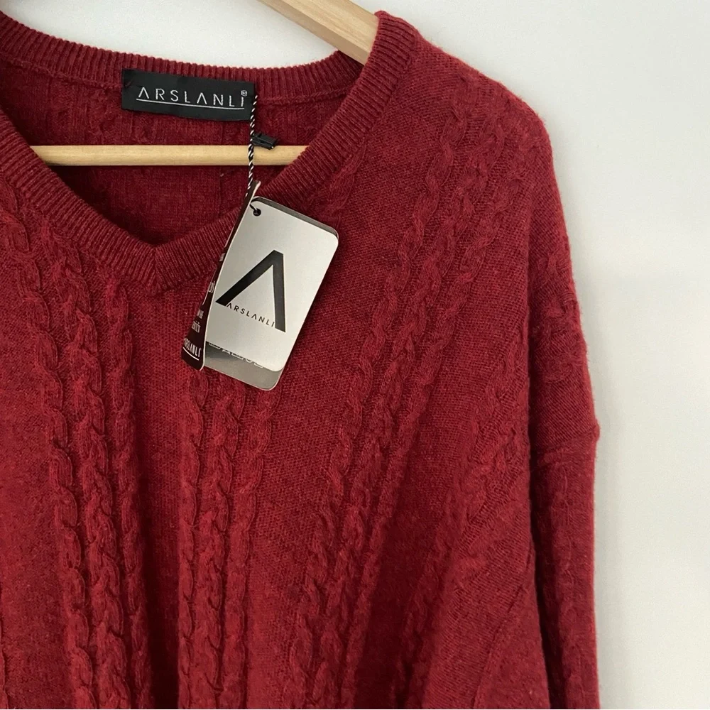 ARSLANLI DEEP RED/BURGUNDY V NECK CABLE KNIT WOOL BLEND SWEATER, LARGE - Picture 7 of 12